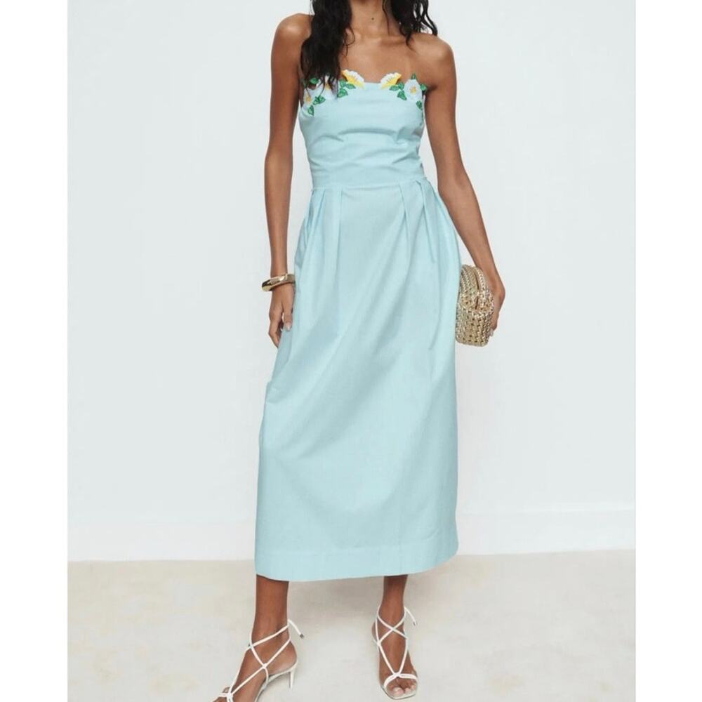 Fanm Mon Lorr blue Strapless Embroidered Floral Dress Small